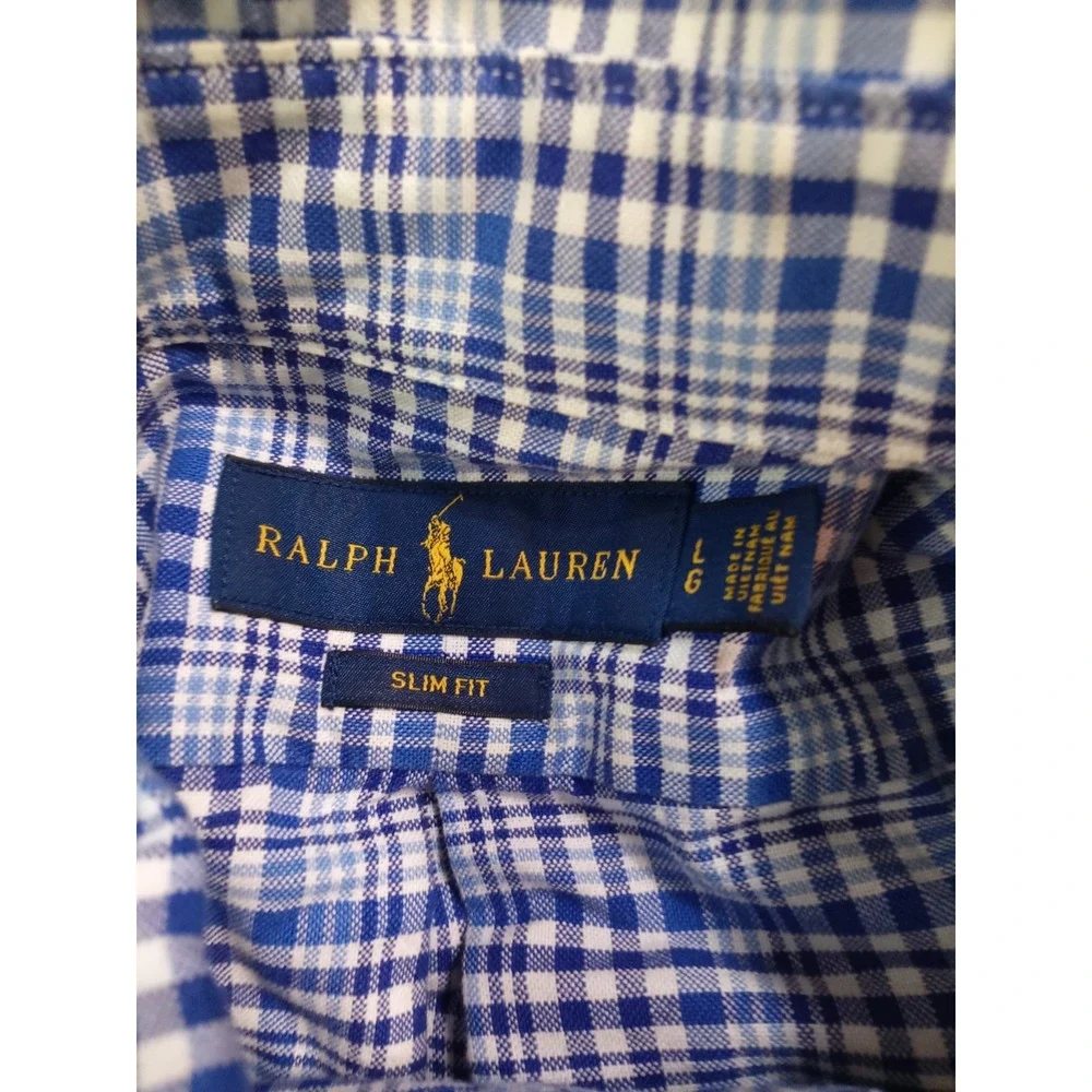 Ralph Lauren Slim Fit Button Down Shirt Blue Plaid Pony Logo Men's Large